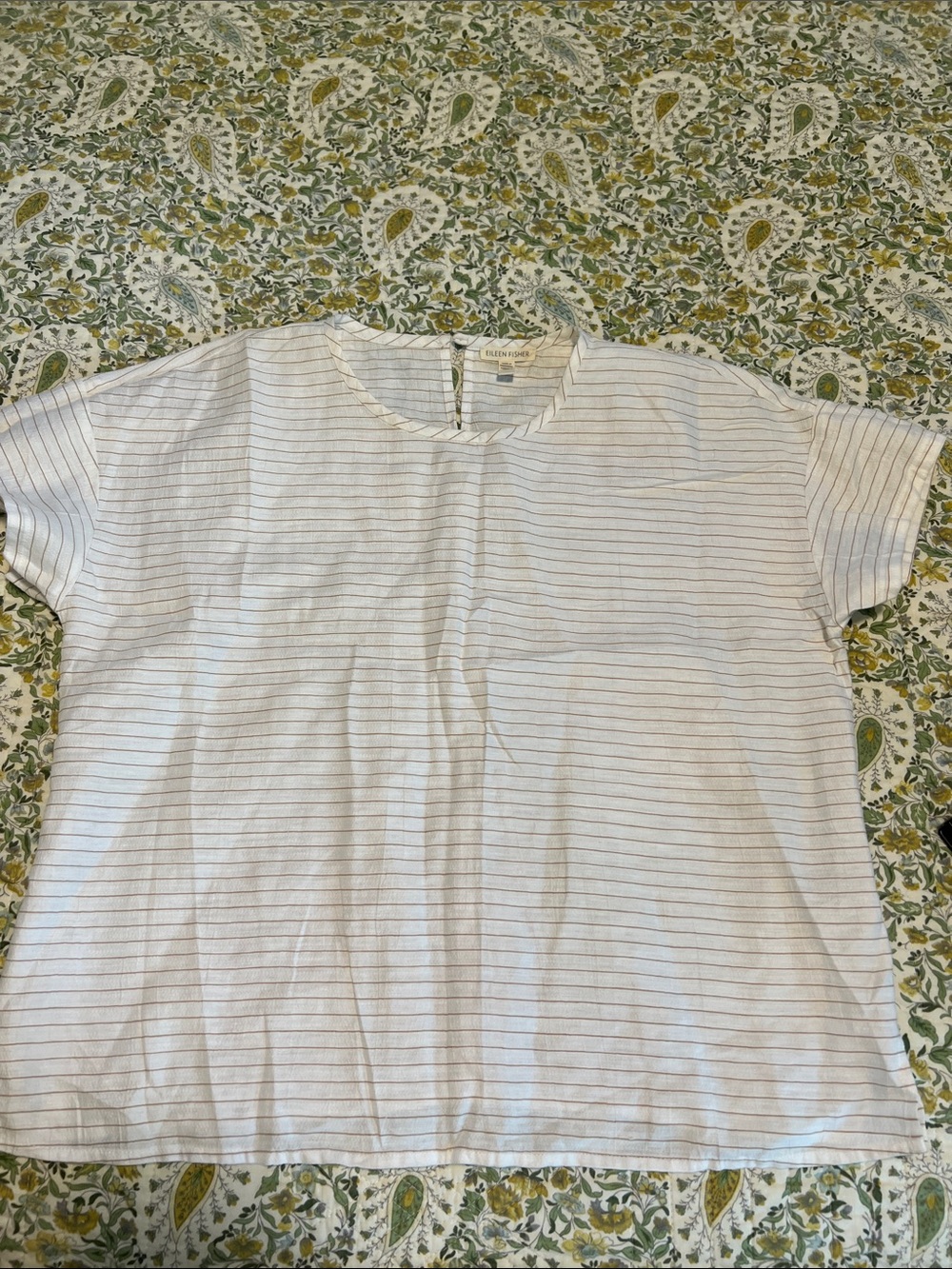 Eileen Fisher White Tee with Thin Gray and Tan Stripes